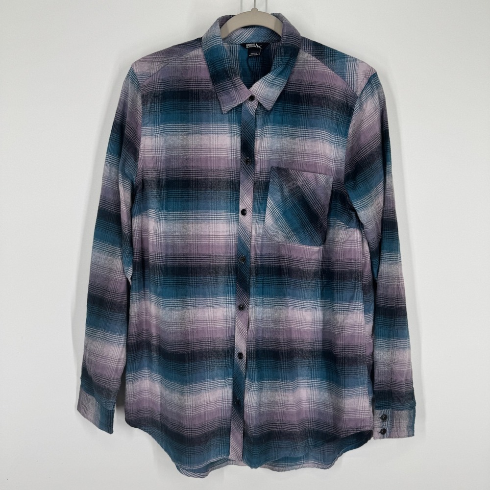 Eddie Bauer Womens Large Button Down Plaid Flannel Shirt Blue Purple Gray